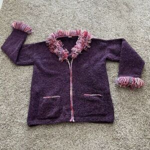 Handmade wool womens Small sweater zip up hooded fringe shag purple pink warm